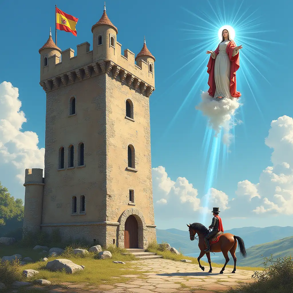 City of Bitonto, year 1734, flat terrain, four-hundreds tower, turreted. chiseled, 24 meters high of cylindrical shape, some windows, narrow slits, Spain flag and Austria flag, a soldier on horseback kneeling before the Madonna descending from the blue sky.