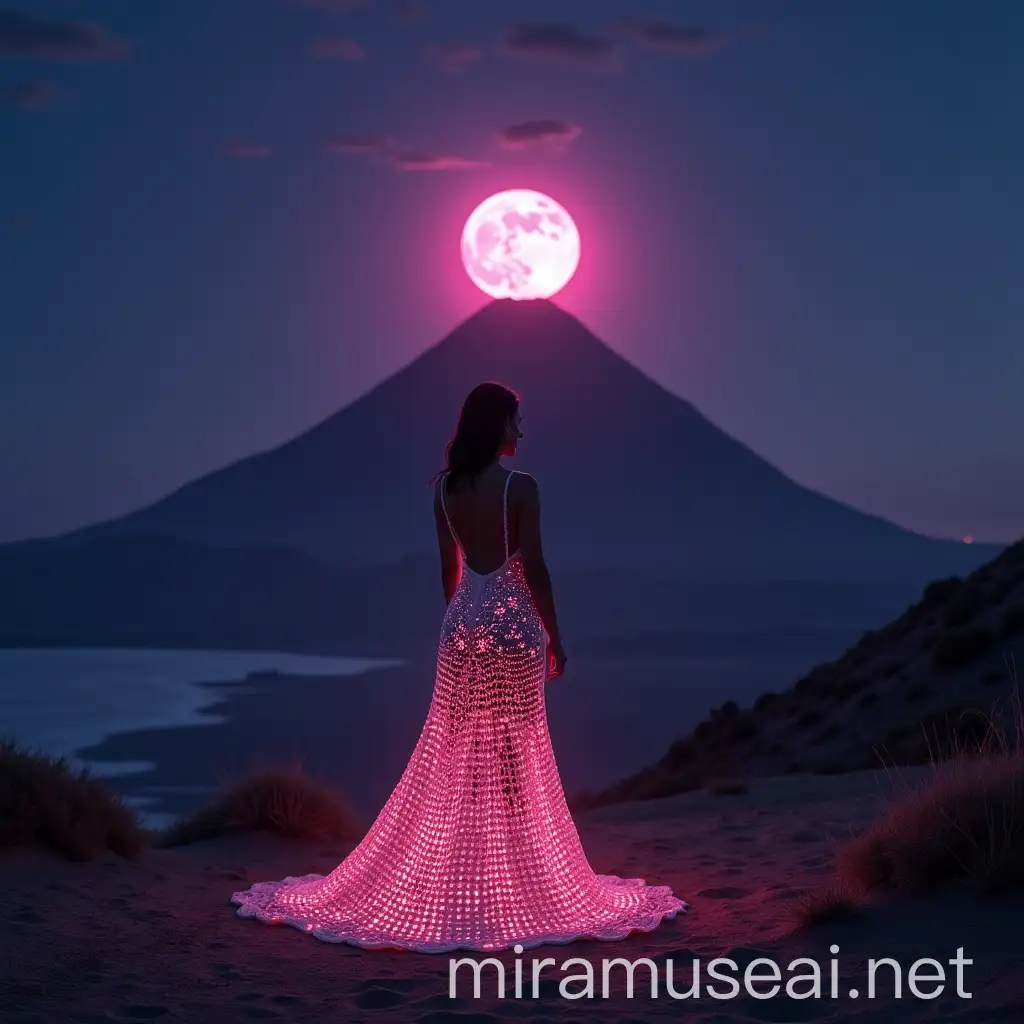 Woman in Stunning California Villa Beside Volcano at Midnight