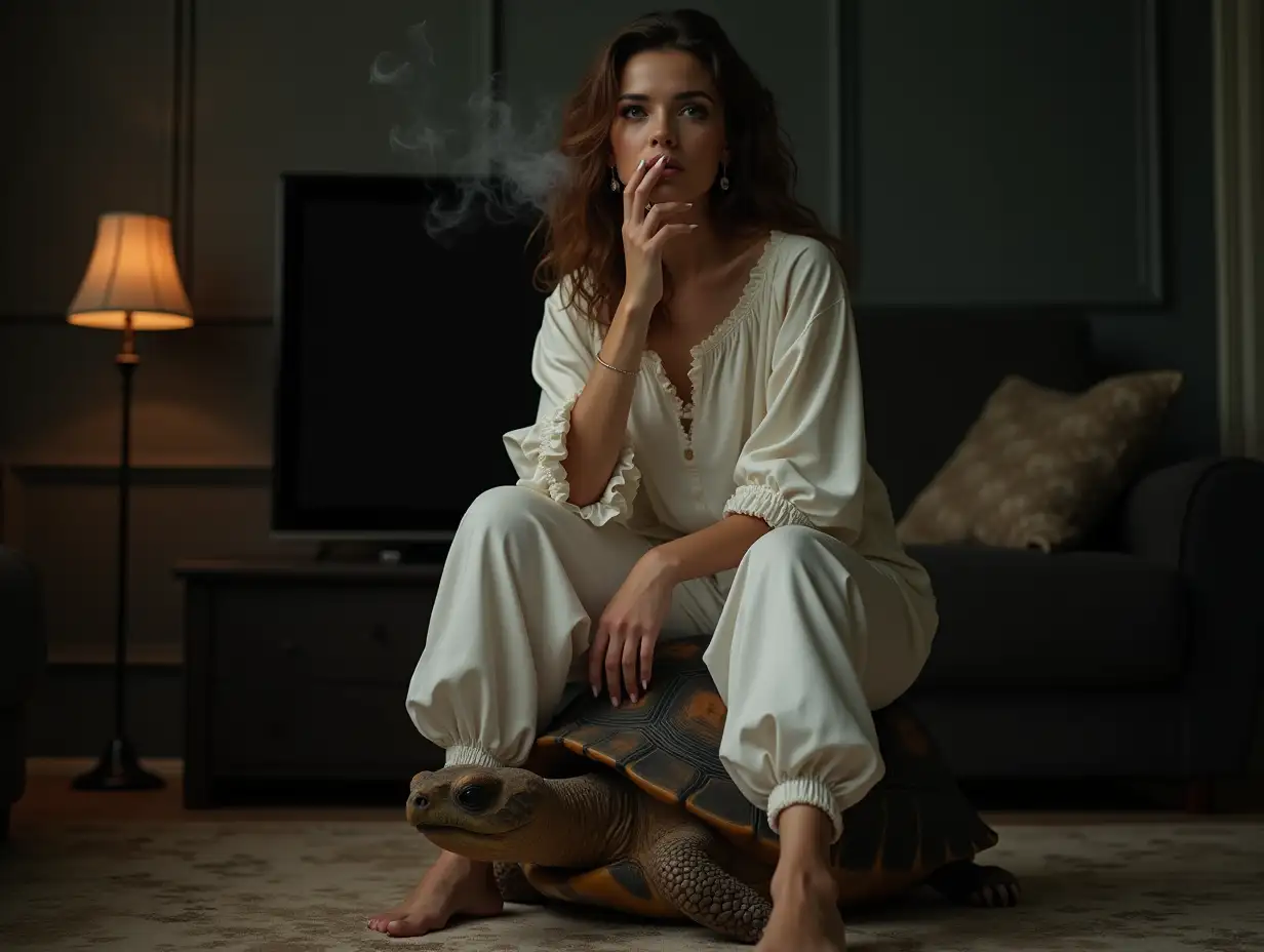 realistic image of a woman, in a wide white satin shirt, elasticated with ruffled cuffs, wide white satin pants, elasticated at the ankles with small ruffles, she is sitting perched astride the back of a turtle, her feet on the ground, in a dark living room, she watches TV while smoking, front view