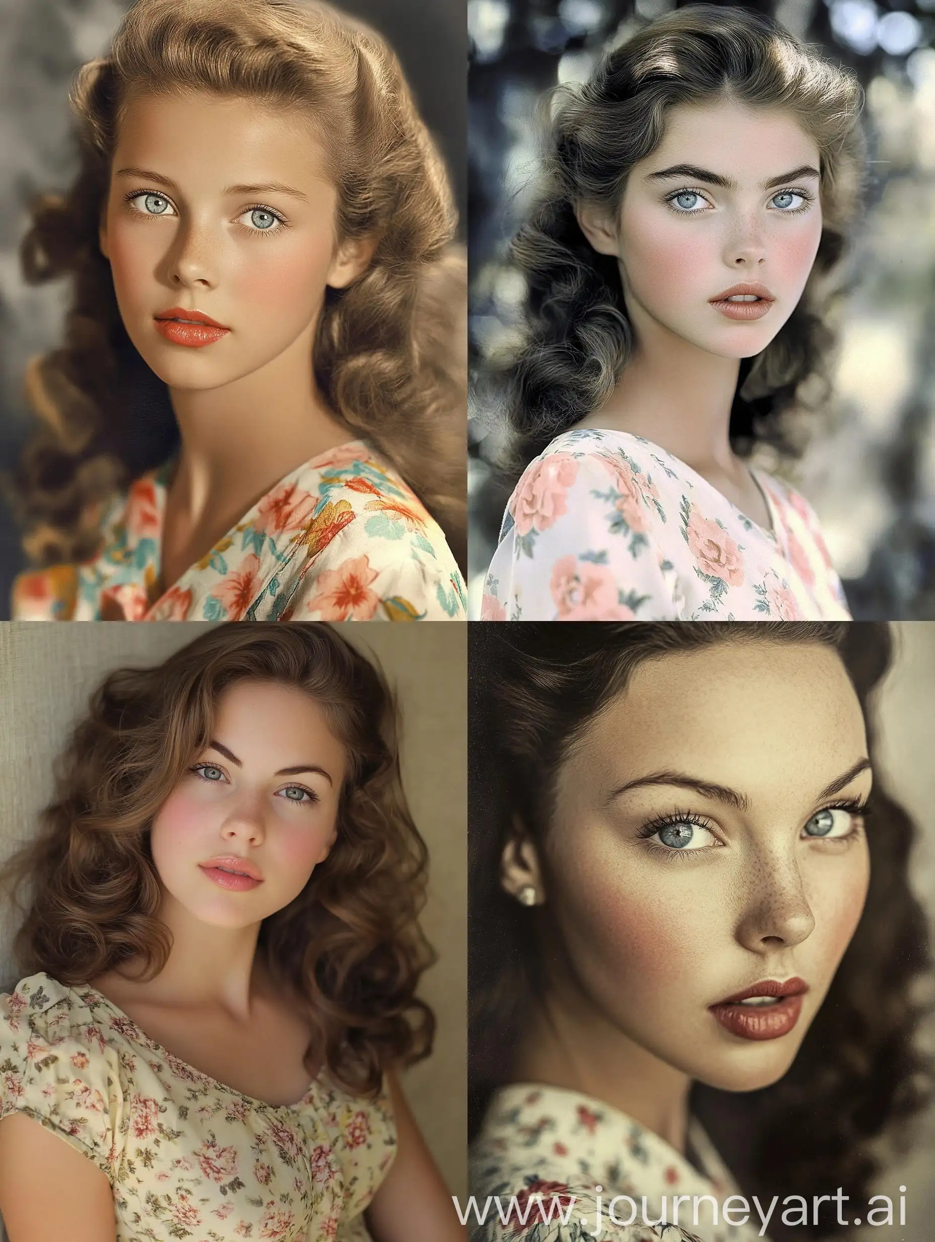 Beautiful-Young-Woman-with-GreyBlue-Eyes-in-Vintage-1940s-Floral-Dress