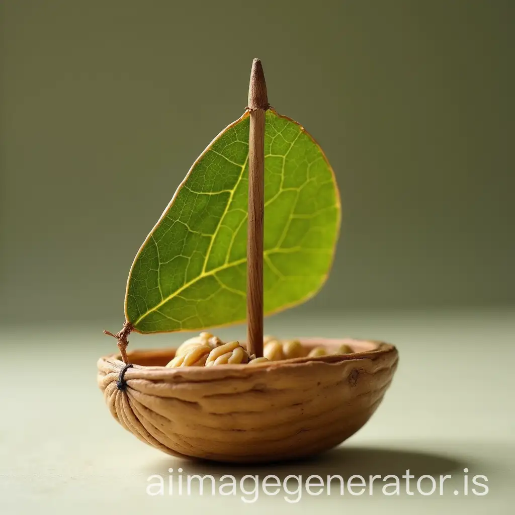 A miniature boat made with a walnut shell (fruit), with a wooden spike mast and a green sail of walnut tree (tree)