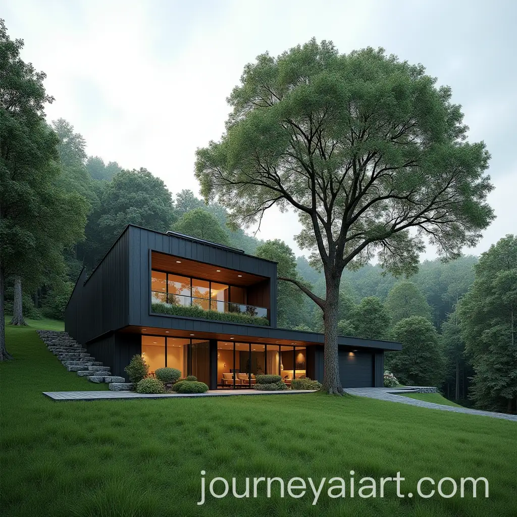 Modern-House-Surrounded-by-Oak-Tree-and-Lush-Forest-Slope