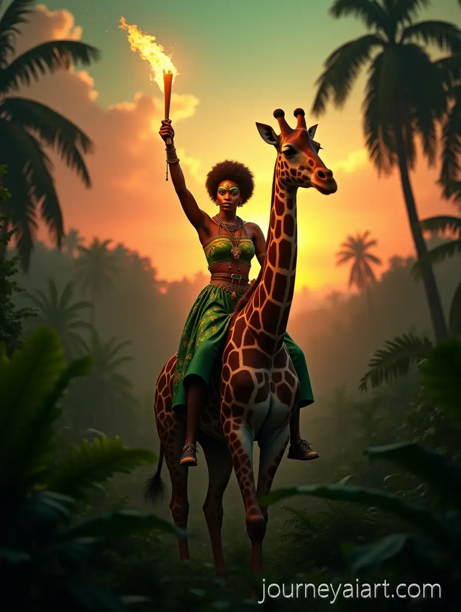 Afrodescendant-Woman-Riding-Giraffe-in-Tropical-Jungle-at-Sunset-withAI-Image-Prompt-Expansion-Flaming-Torch