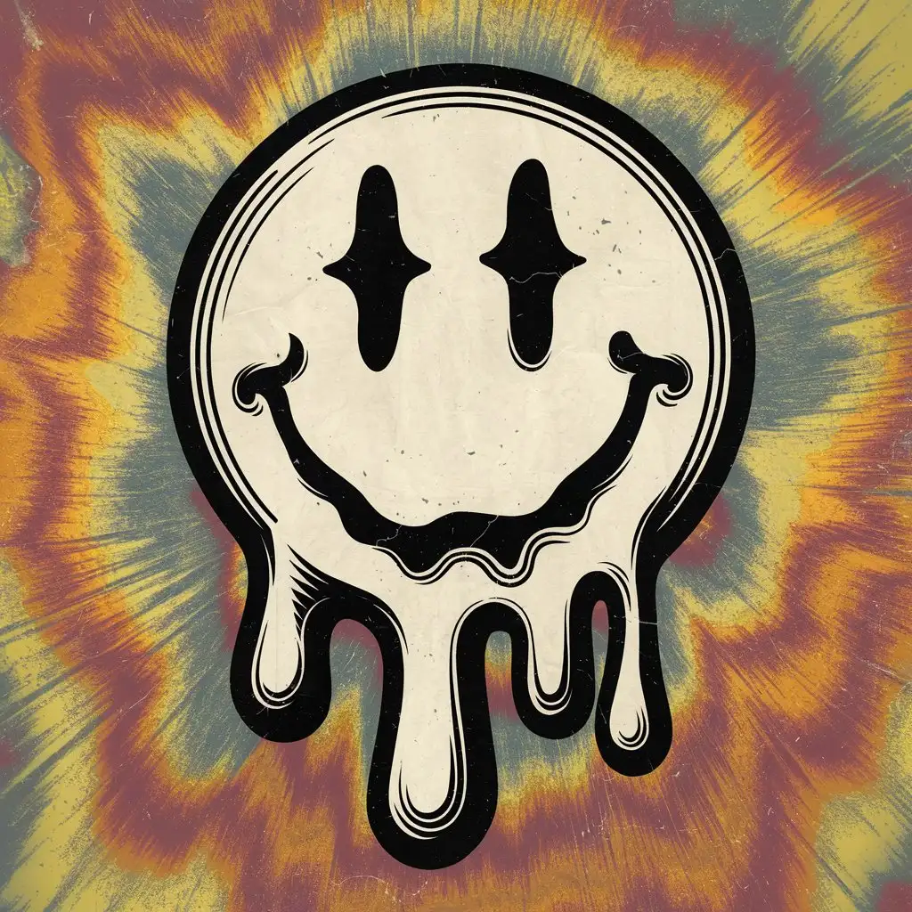 Melting Smiley Face in Hippie Style with Old Tattoo Influence