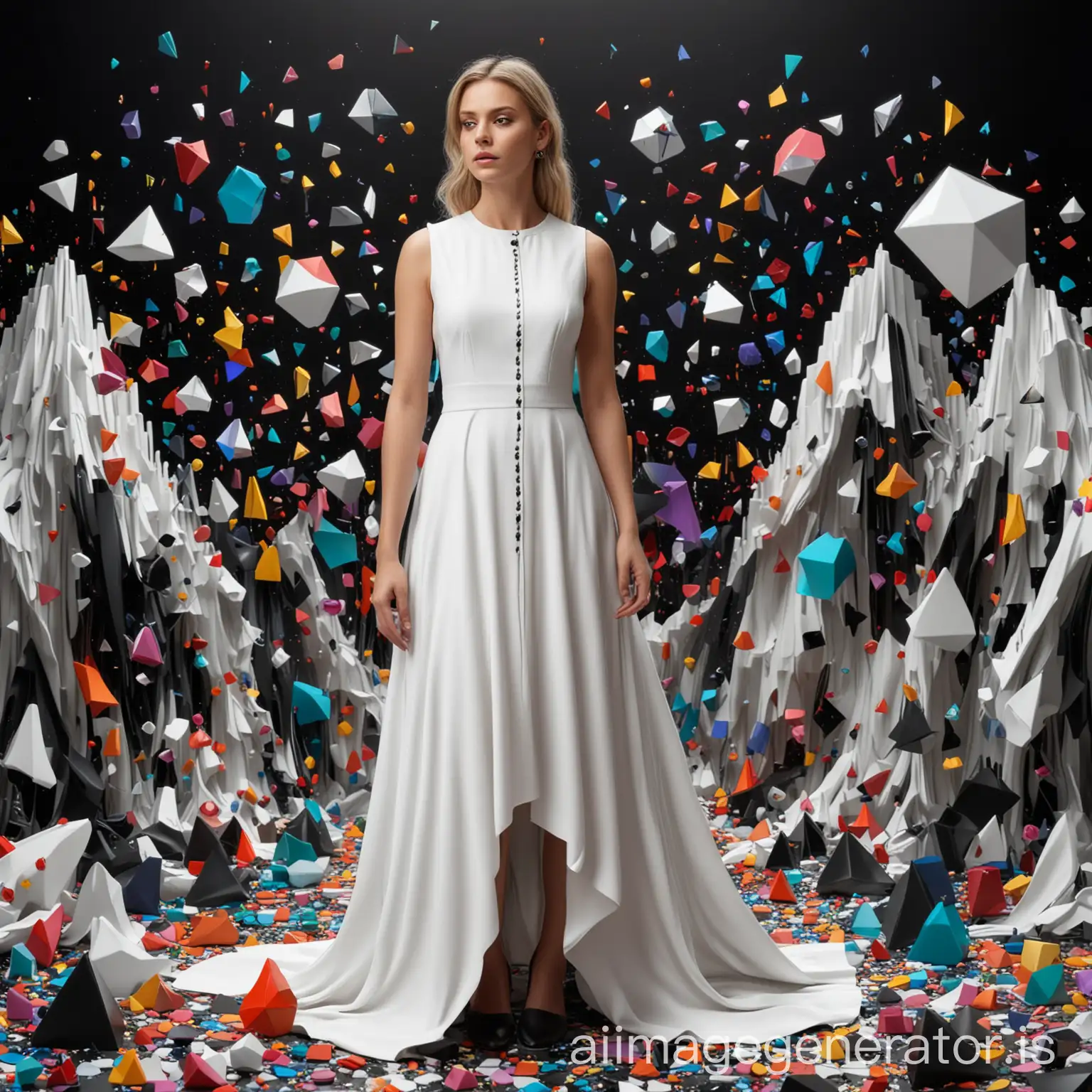 Woman-in-White-Dress-Surrounded-by-Colorful-3D-Shapes-on-Black-Background