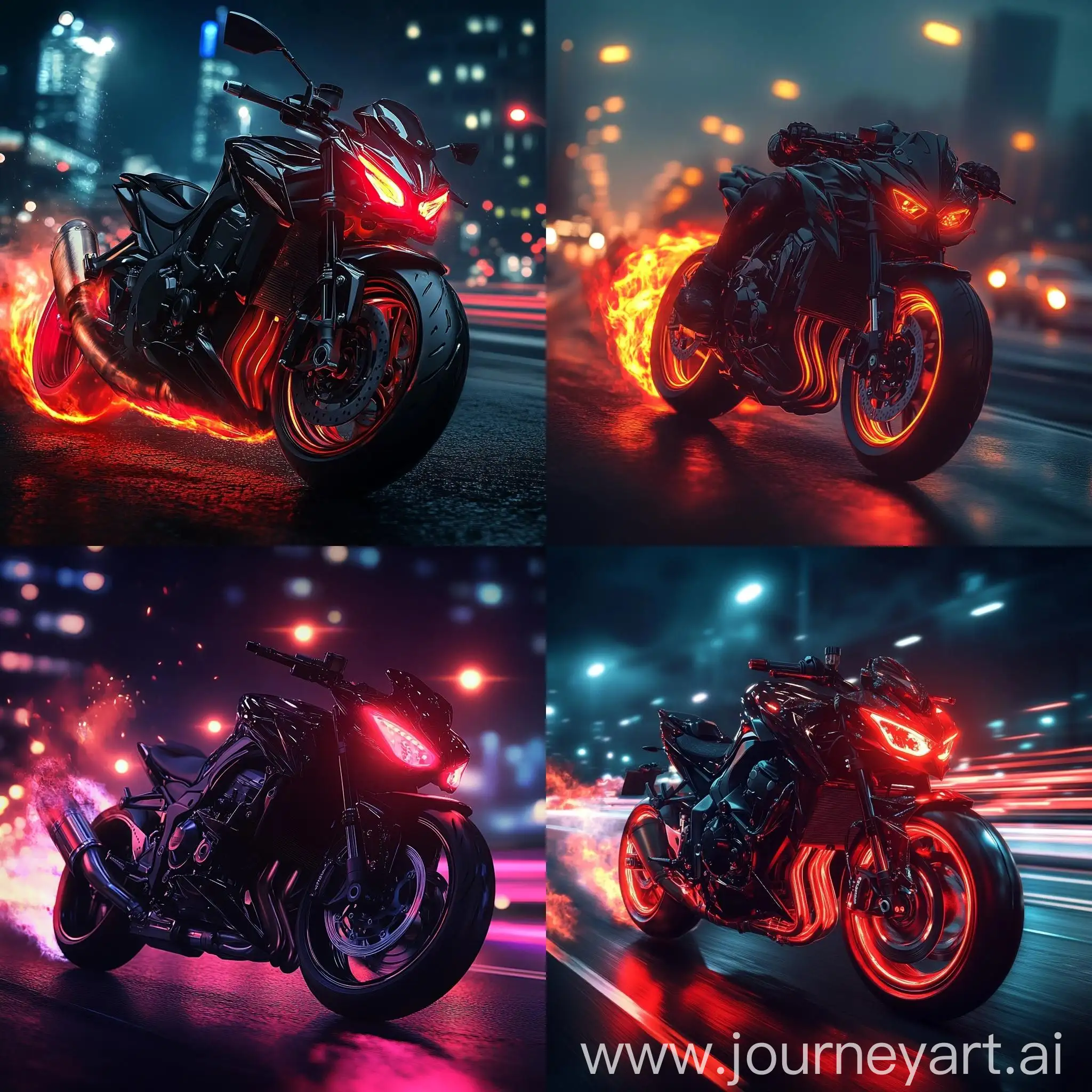 Custom-Kawasaki-Z1000R-Motorcycle-with-Red-Glowing-Headlights-and-Flaming-Pipes-on-Highway