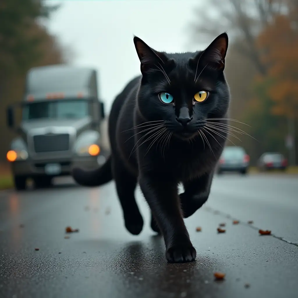 A strong Black Cat, one eye blue, the other yellow, runs away in terror along the road from a car, behind him a truck crashed into a sedan