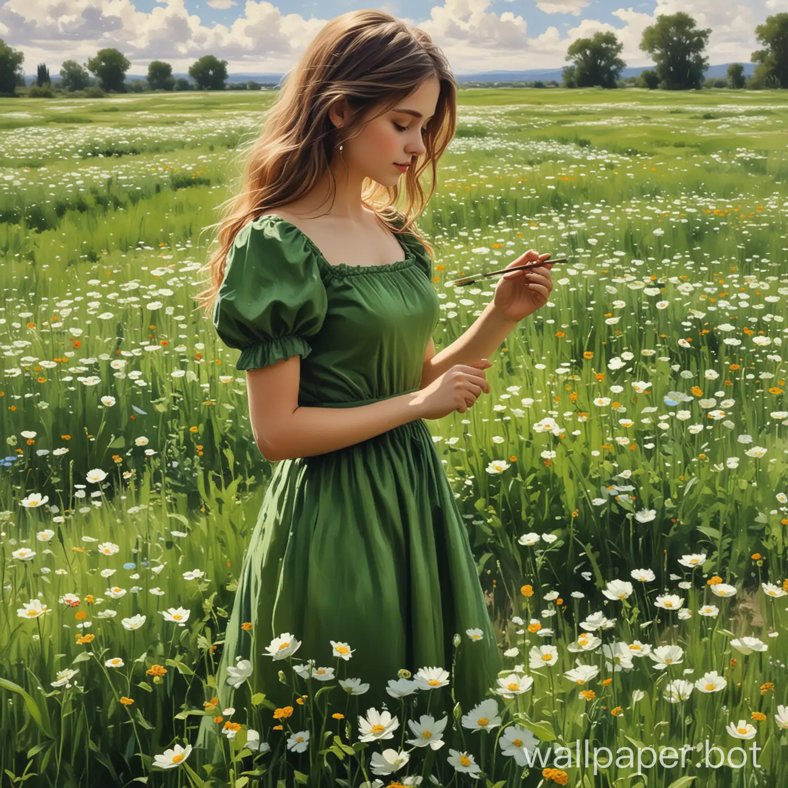 a girl in a green dress painting in a beautiful flower field 