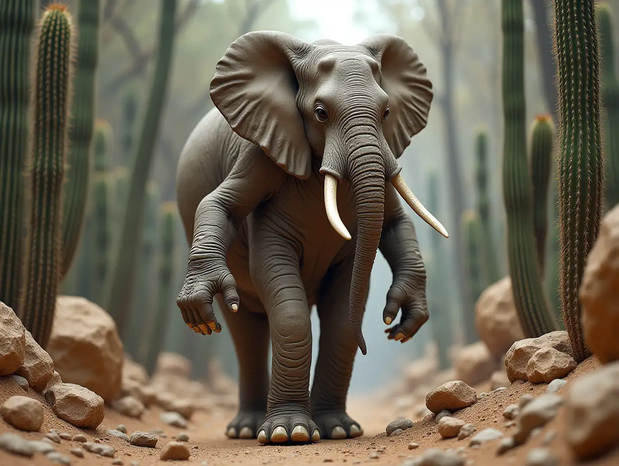 A very detailed photo. A full body representation of an ELEFANT hybrid bodybuilder with ELEFANT and ELEFANT in a forest with desert very stones and cacti