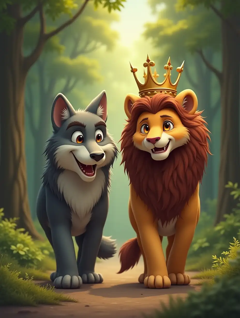 A wolf and a lion wearing a royal crown are walking in the forest, and both are smiling. The wolf and the lion are the same size.