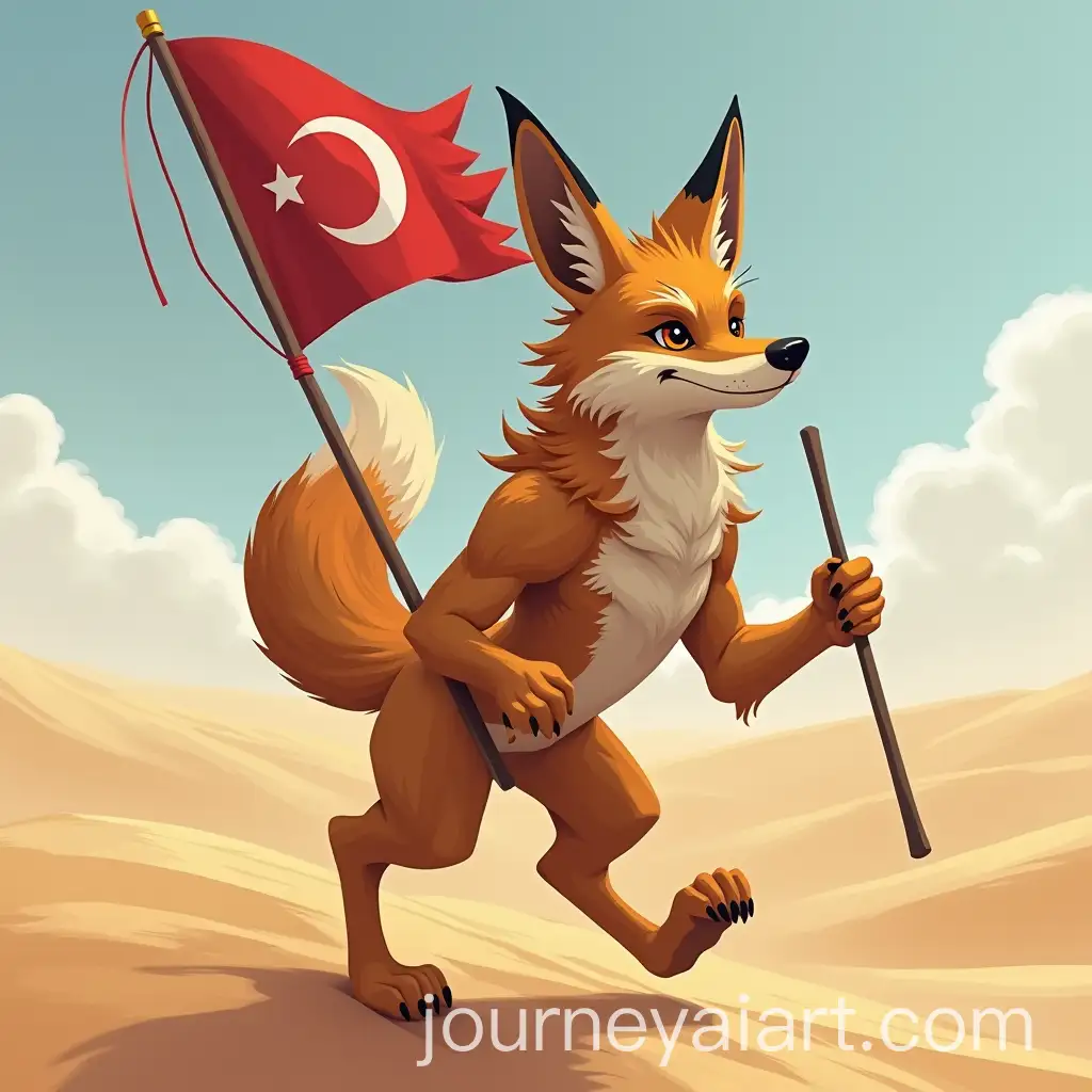 Muscular-Desert-Fox-Carrying-Jazairi-Flag-in-a-Desert-Landscape