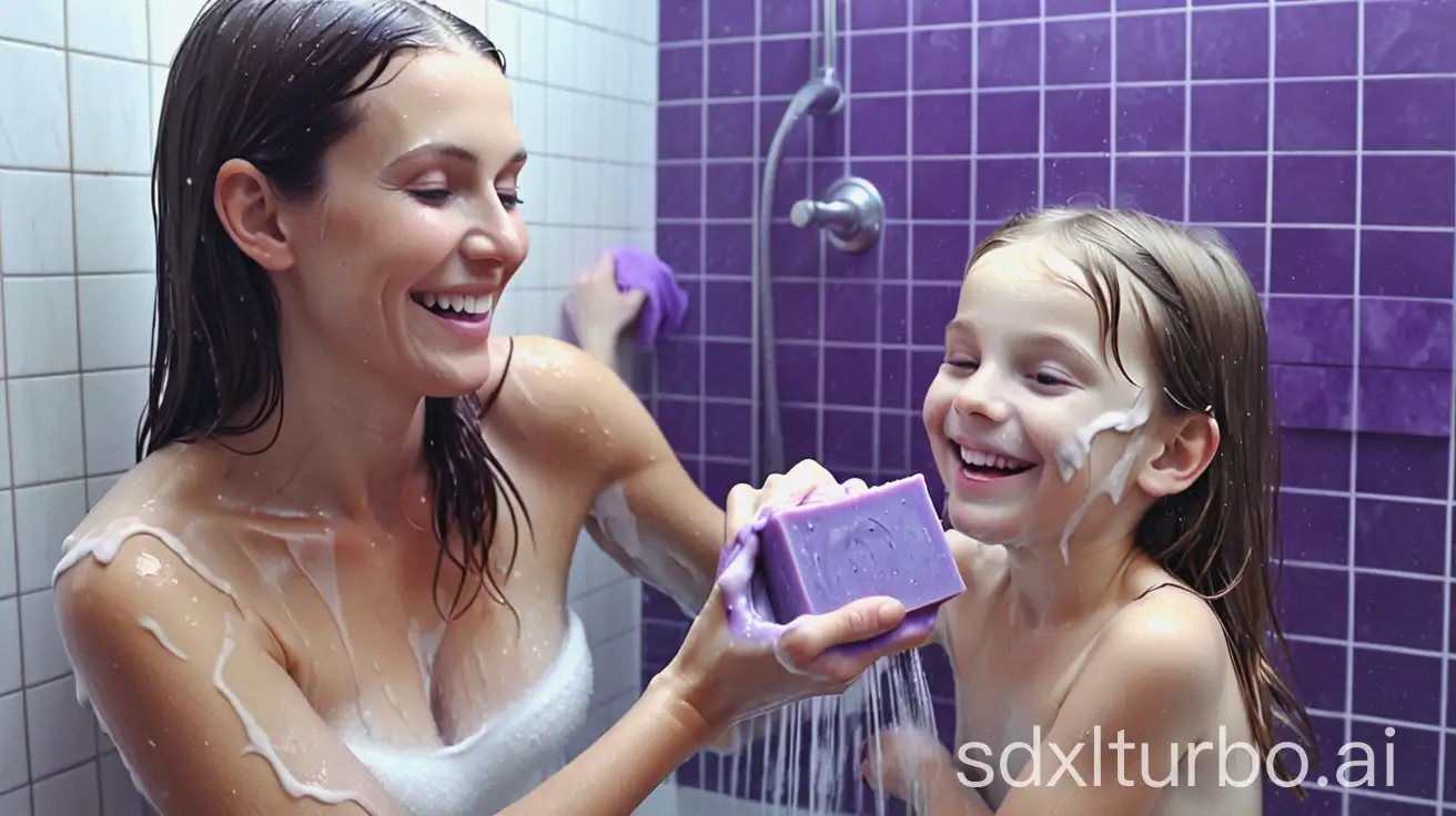 mother and daughter washing in shower stall relaxed smile playing violet tile big soap bar