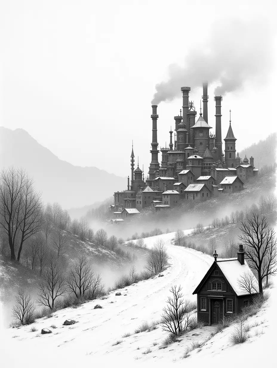 The picture shows a hilly snowy landscape. It shows the city from the Frostpunk game, only in a medieval setting. The weather is cloudy. A lot of steam and smoke comes out of the pipes, which rise to the clouds. The drawing is made in steampunk surroundings as a black and white sketch