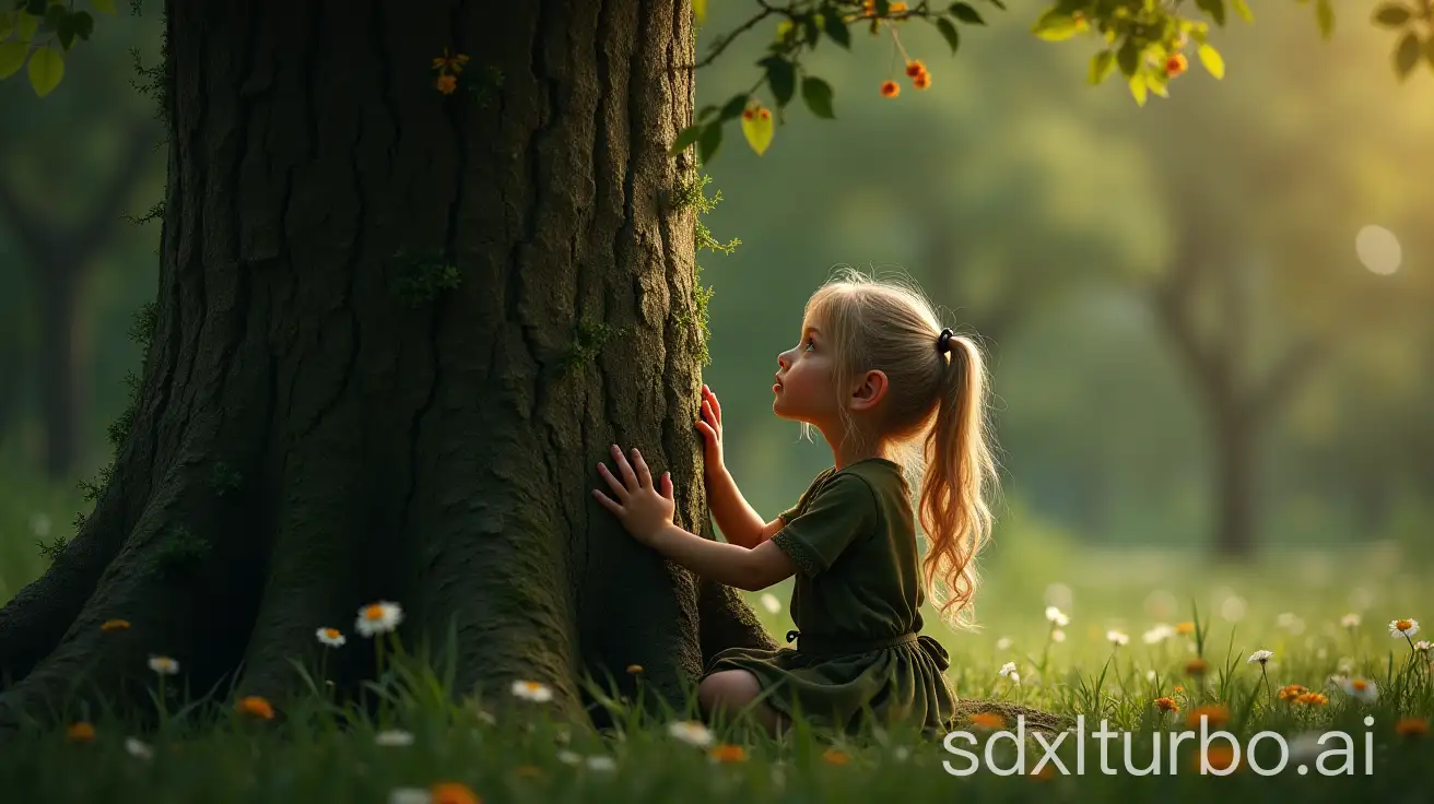 Young-Elf-Girl-Tenderly-Caressing-a-Majestic-Tree-Trunk