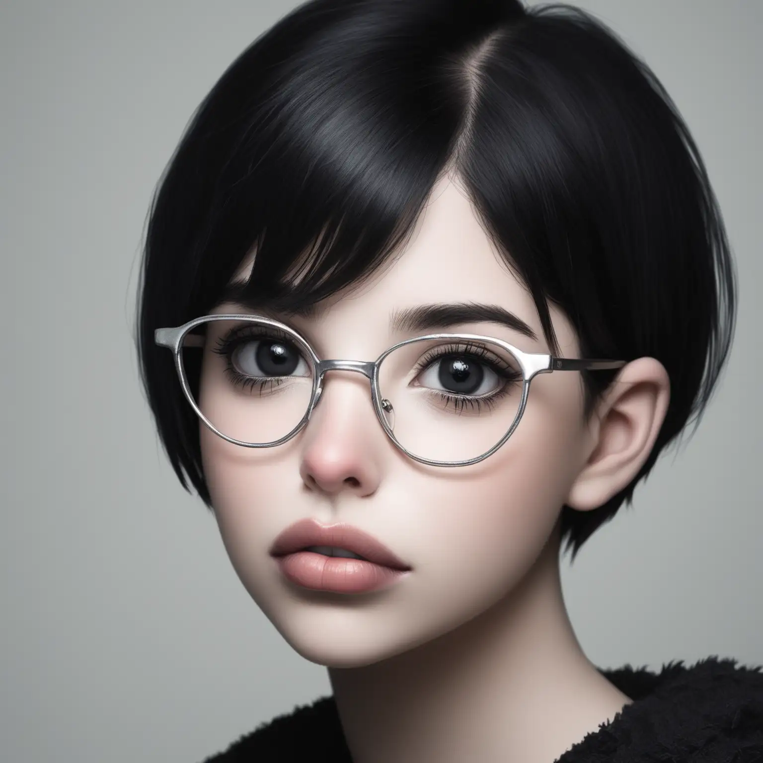 a headshot of a young woman, neutral expression, short black hair, black eyes, silver framed glasses, high nose bridge, thick lips, fair skin.