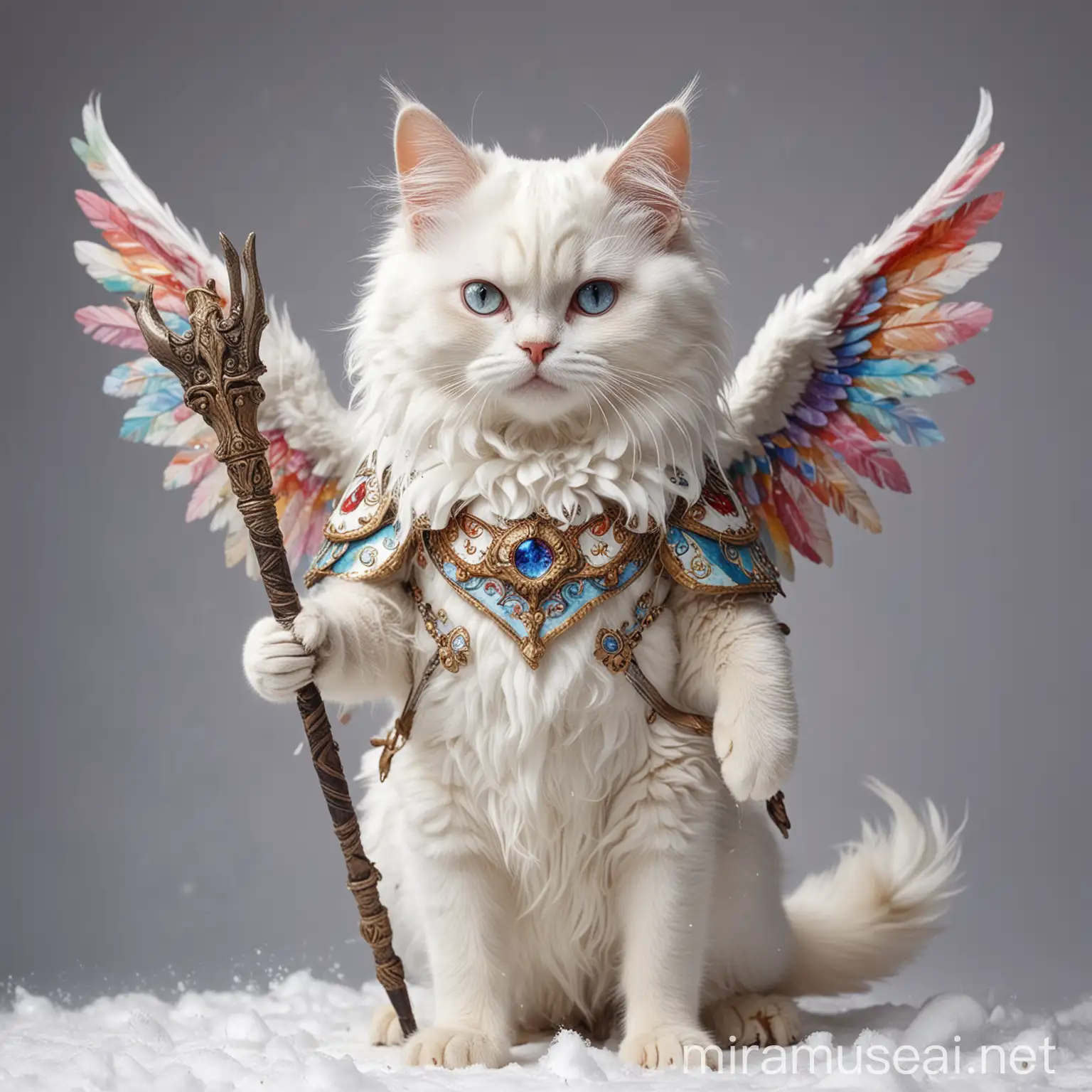 Fluffy Centaur Cat with Spear and Angel Wings