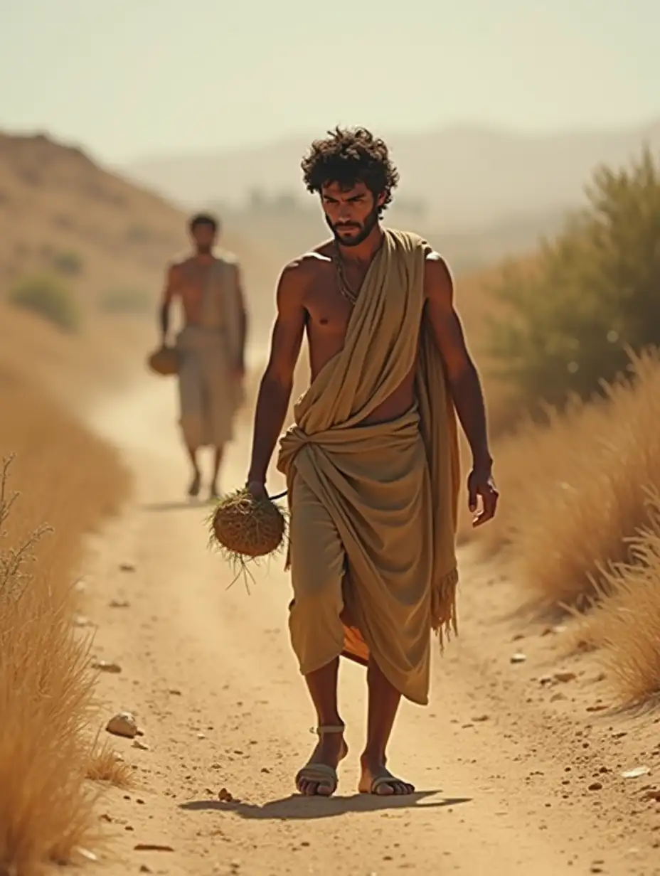 Young man David in ancient Israel on a dusty path carrying food to his brothers