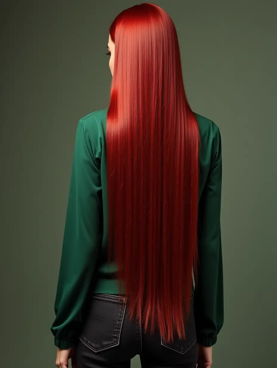 A women with green blouse, black jeans, and super long silky shiny straight red hair on the back (classic length)