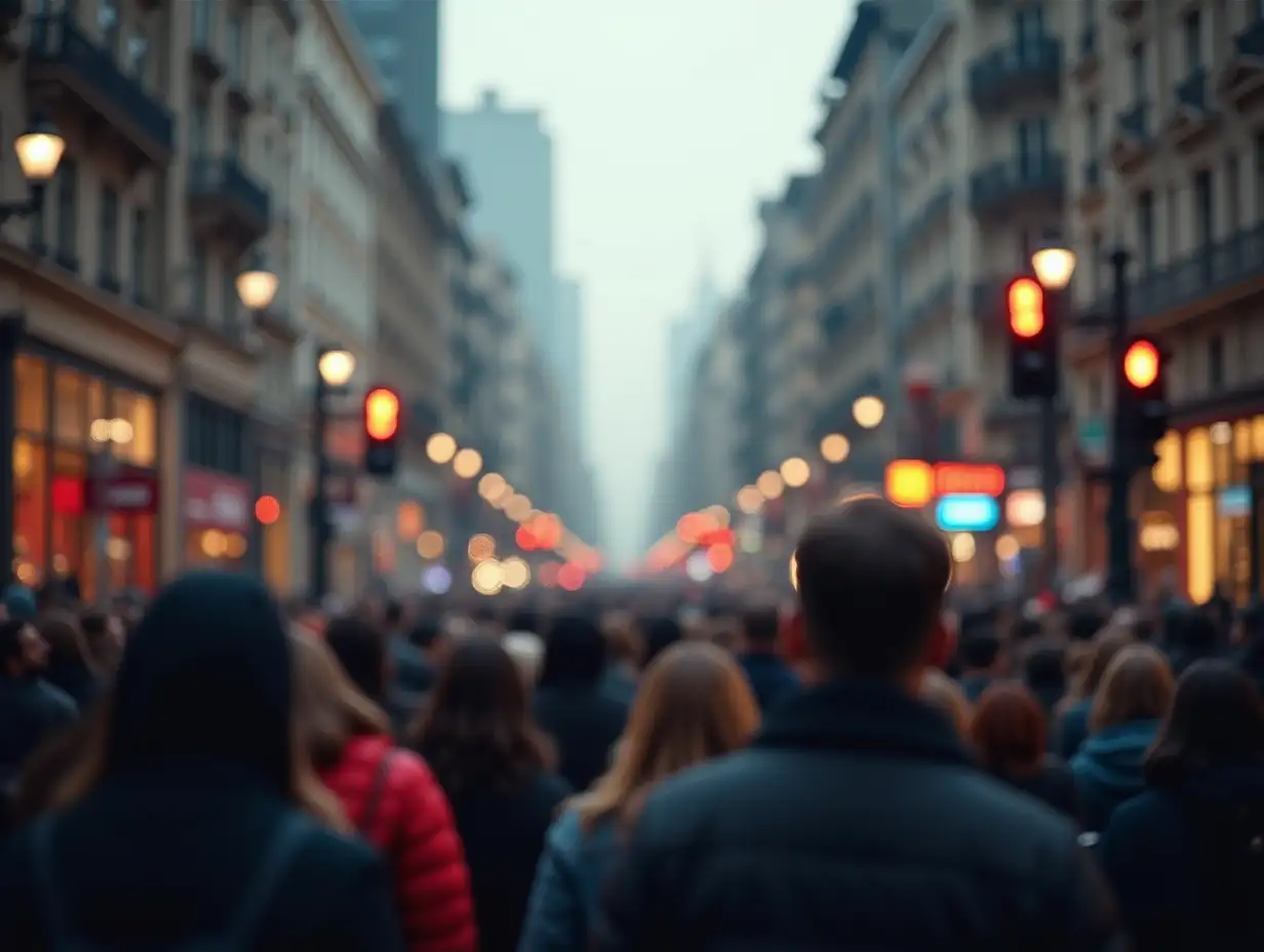 a frame from the point of view, POV, of an image of a crowd in city streets, as if we are among them