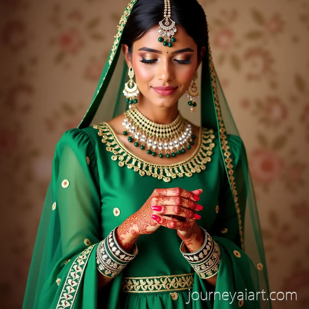 Indian-Bride-at-Mehndi-Ceremony-in-Green-Contrast-Dress-with-Hindi-Mehndi-Background