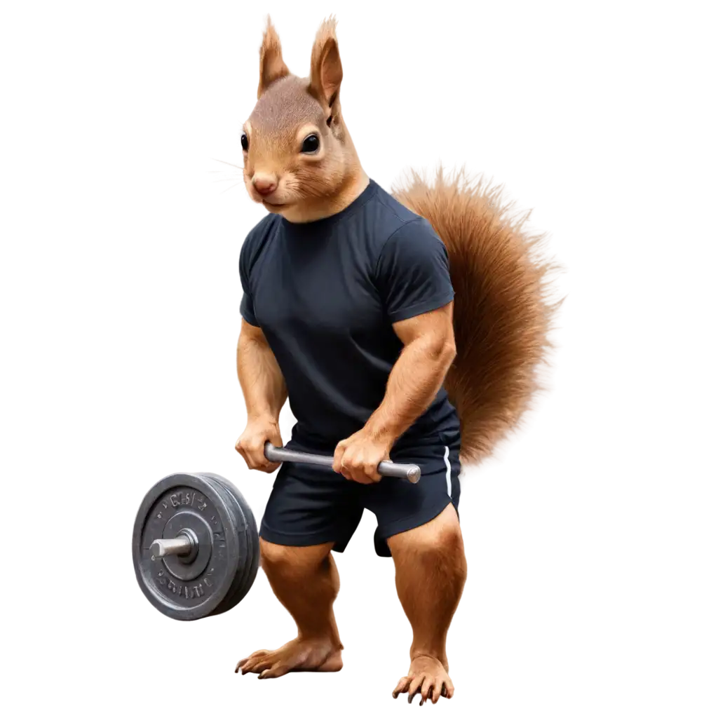 Masculine-Squirrel-Doing-Bar-Bell-Weights-PNG-Image-Fitness-Concept-in-Black-Tshirt-and-Gym-Shorts