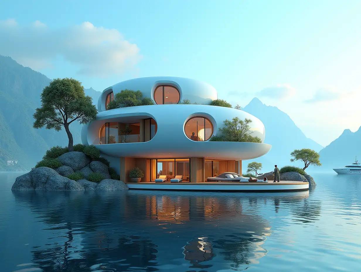 A futuristic multi-story house made of many holen lit glass balls and wood lies on the water,many plants and trees, blue sky, bright surroundings, mountains and a yacht in the background, vibrant 8k quality