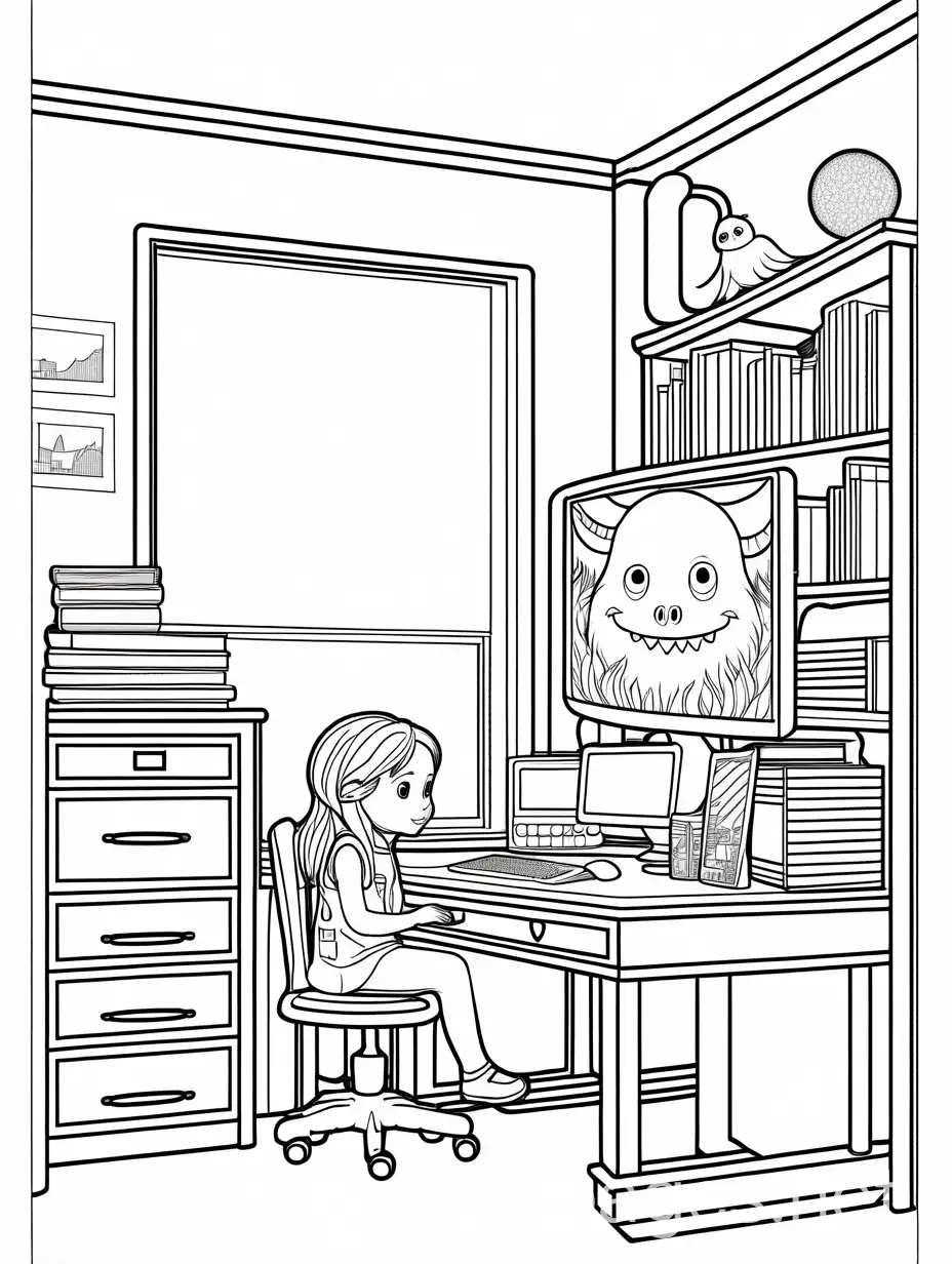 Little girl using computer in her room on the desk, with monster head out from a screen., Coloring Page, black and white, line art, white background, Simplicity, Ample White Space. The background of the coloring page is plain white to make it easy for young children to color within the lines. The outlines of all the subjects are easy to distinguish, making it simple for kids to color without too much difficulty
