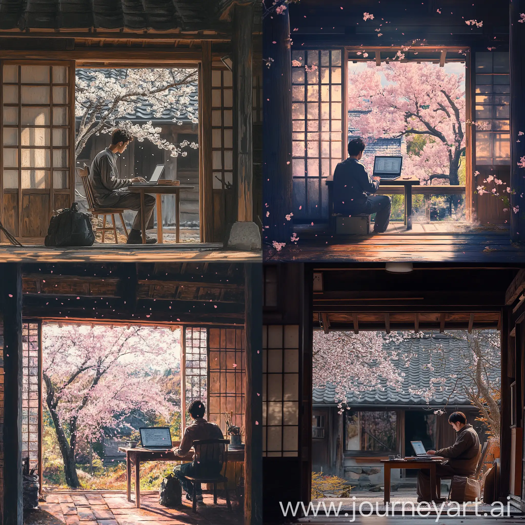 Young-Man-Programming-in-an-Old-Japanese-House-with-Cherry-Blossom-View