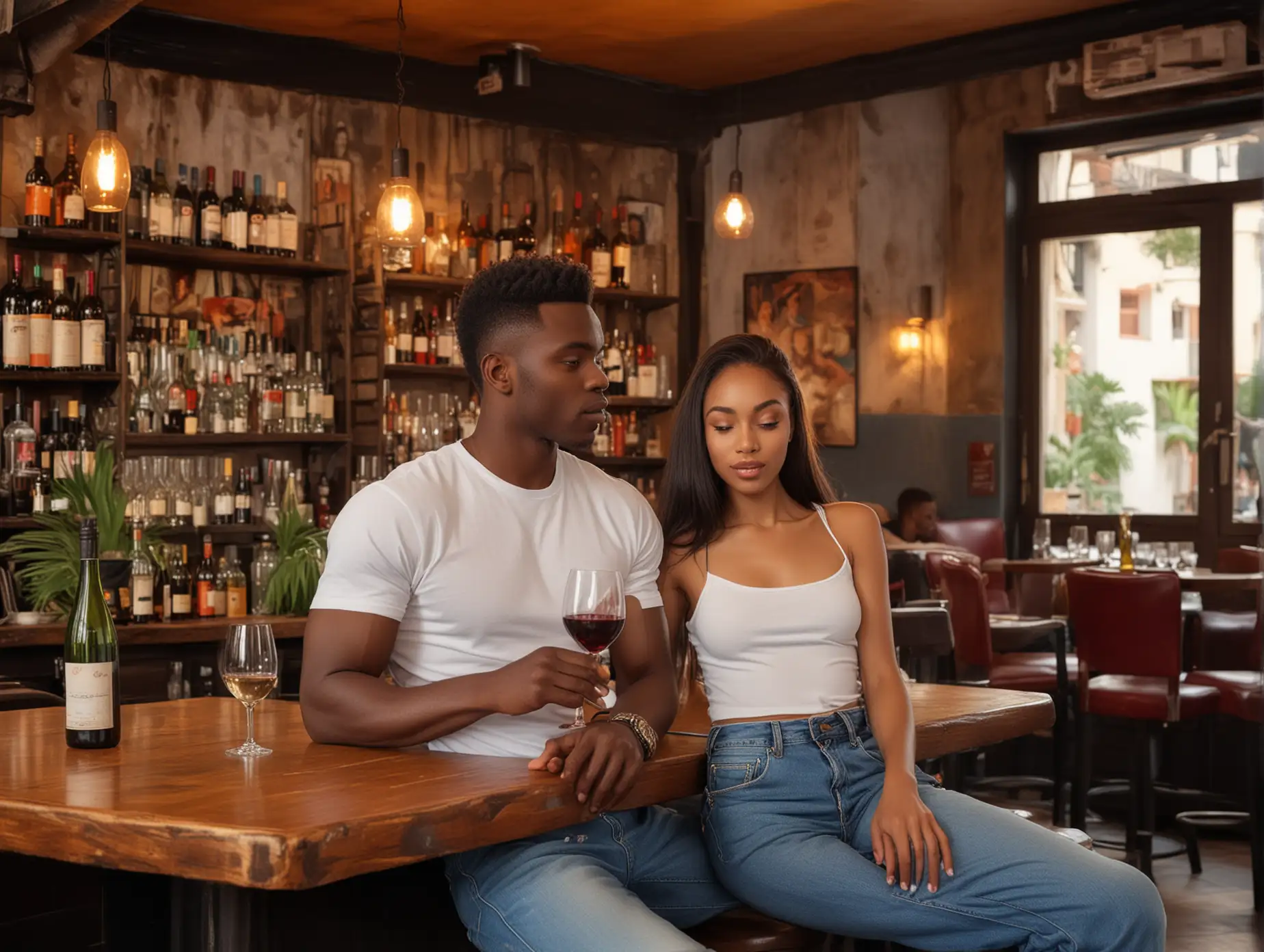 A black moderately built man sitting in the inner bar of an exotic restaurant. He wears a t-shirt and jean trousers. A bottle of wine and glass cup in front of him. As he drinks he checks a beautiful black lady out