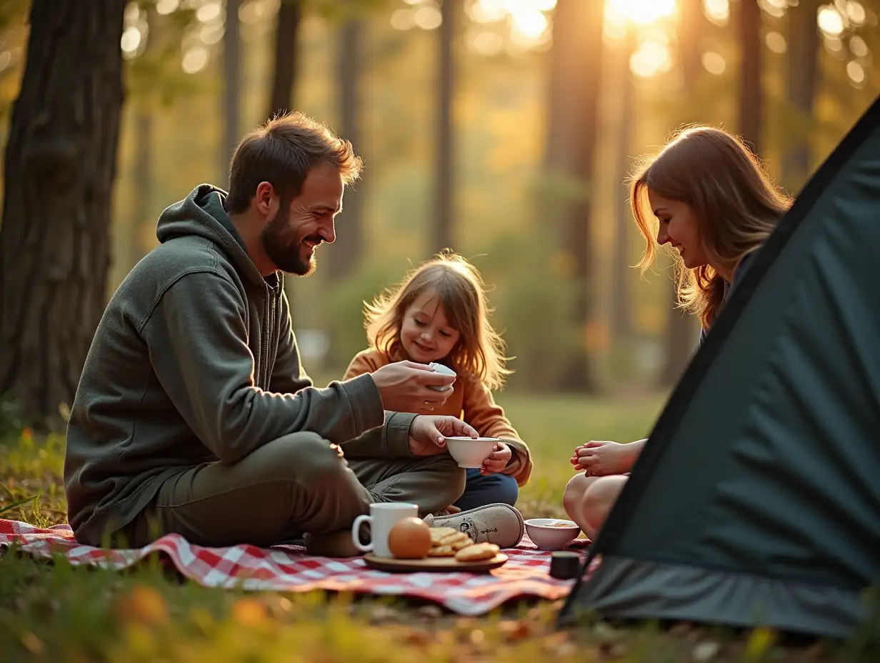 Create a realistic image of 2 people with possibly a child enjoying the freedom of the outdoor/camping life during breakfast. Include also a black Obelink tent. Nobody has to be in the tent.