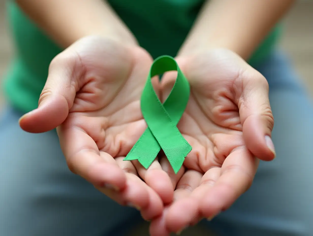 Adult-and-Child-Hands-Holding-Green-Ribbon-for-Cancer-Awareness