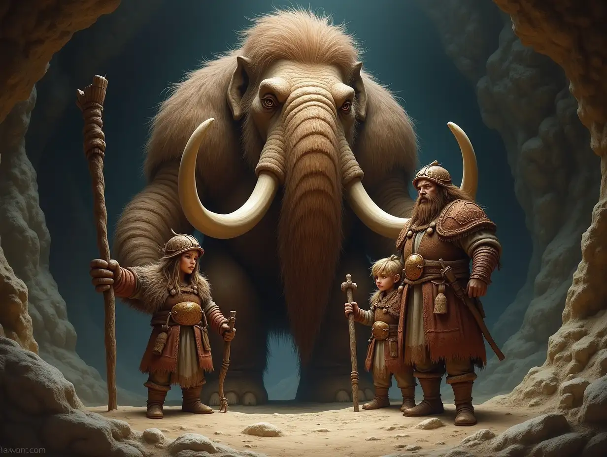 Cave-Fantasy-Family,Man,Woman, and Children, giant mammoth face with beard and with wooden armor equipment