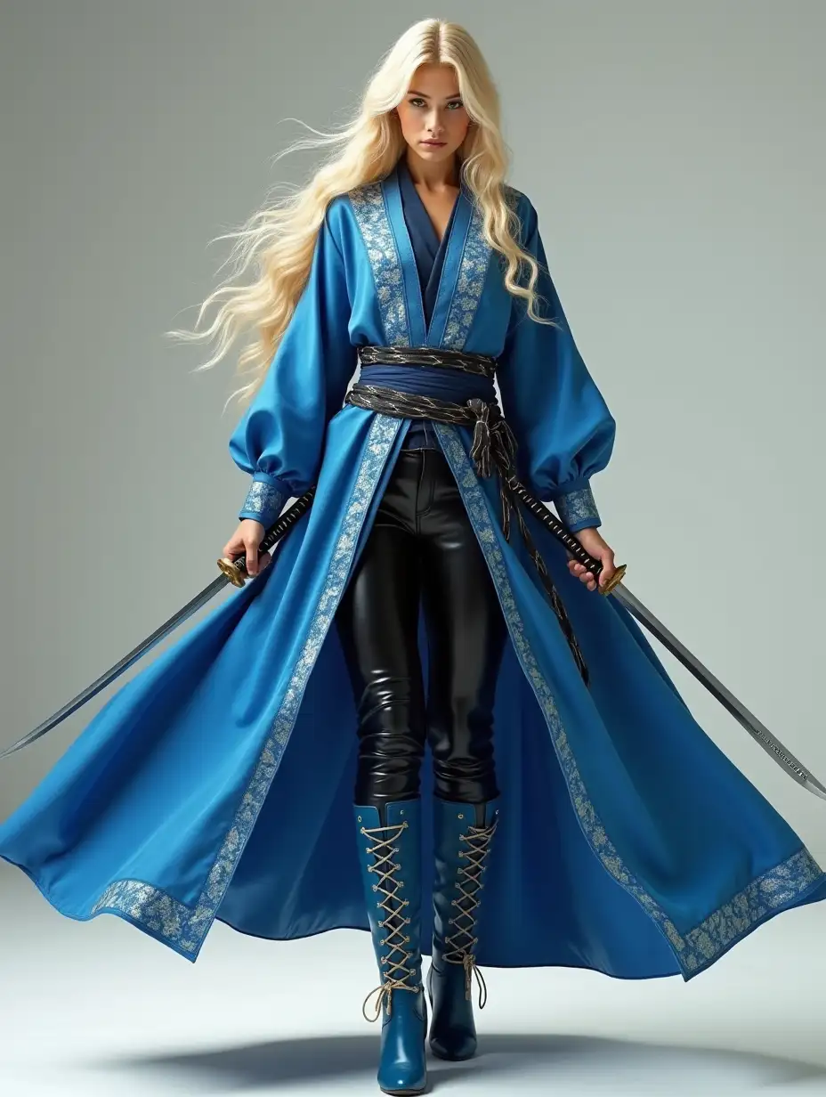 full body shot, frontal shot, pretty young female warrior, embroidered blue robes, black leather pants, high heel blue laced leather boots, age 17, very beautiful european face, blonde hair, full lips, wielding two wakizashi