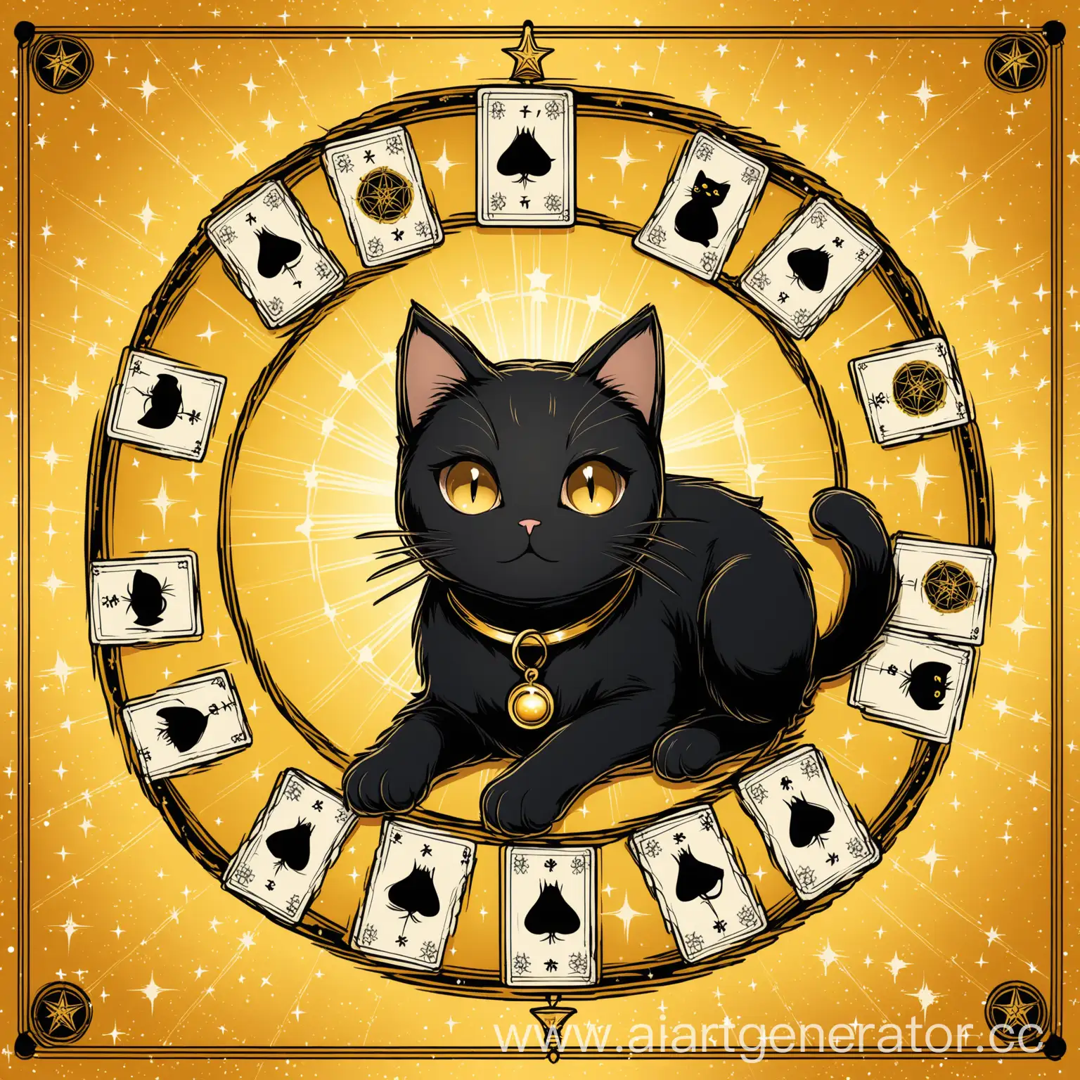 Black-Cat-Surrounded-by-Tarot-Cards-on-a-Golden-Background