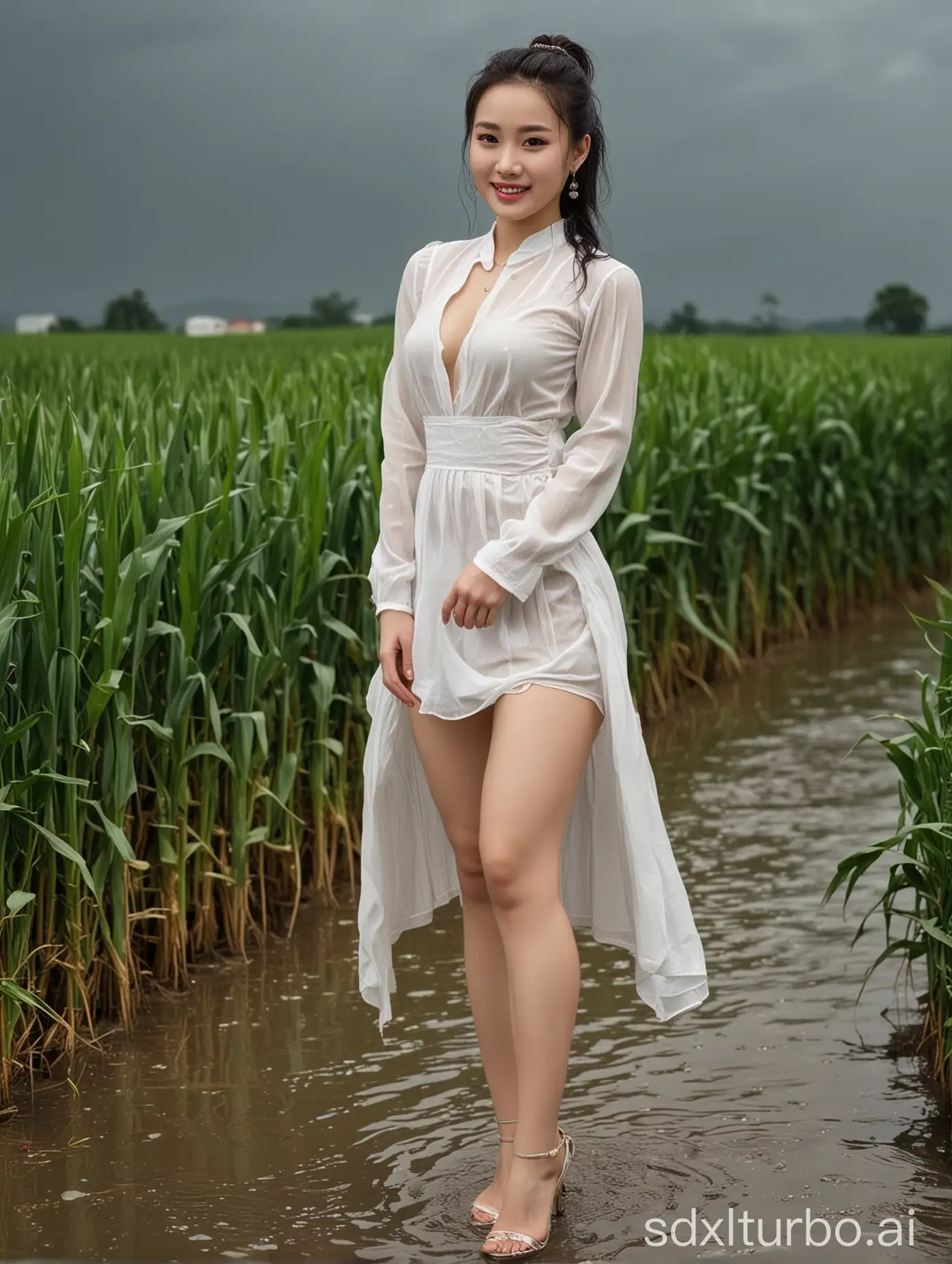 Sensual-Woman-in-Rainy-Cornfield-with-Flirtatious-Smile