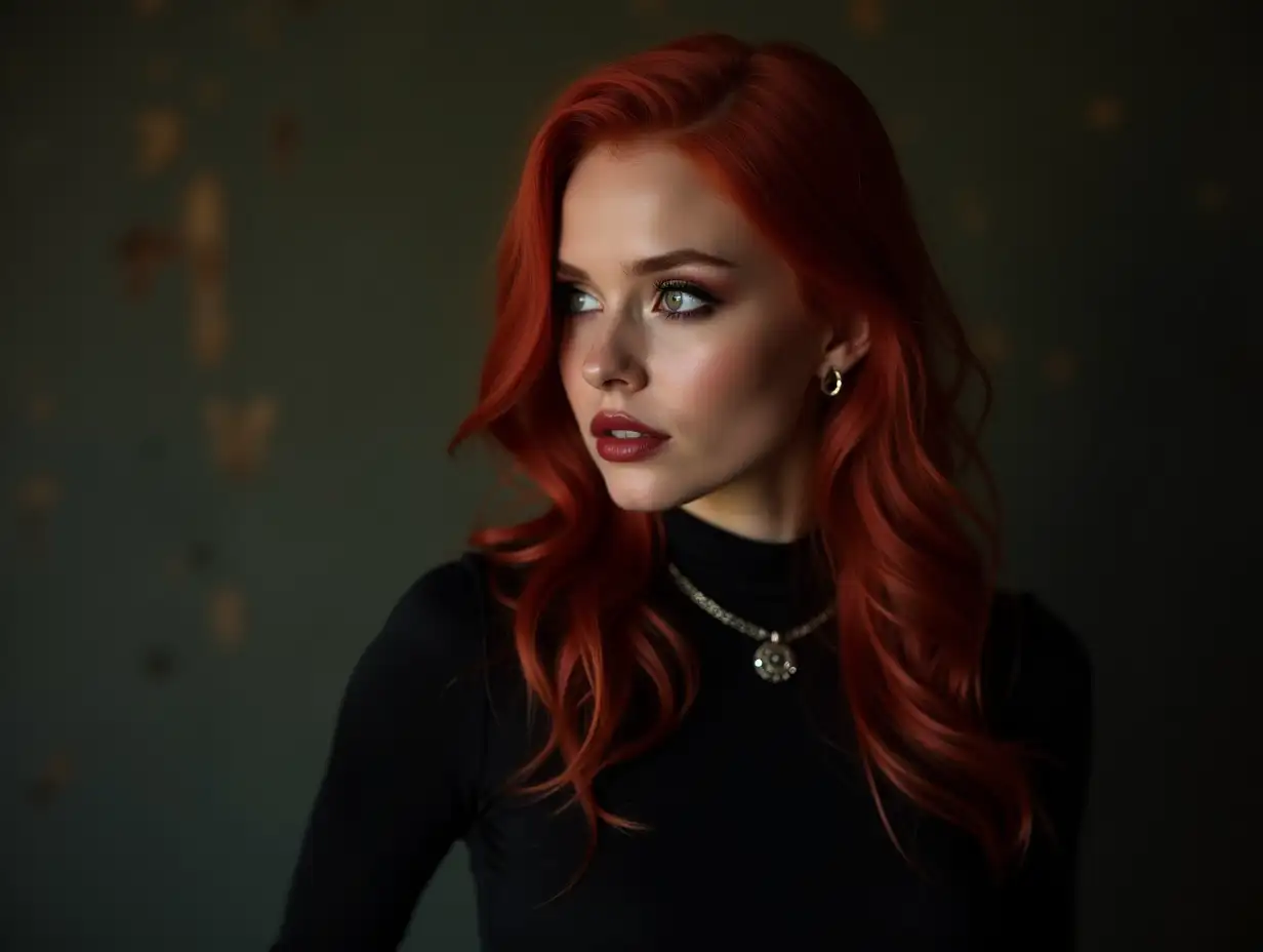 a gothic girl portrait influencer, red hair, black clothes, tradewife