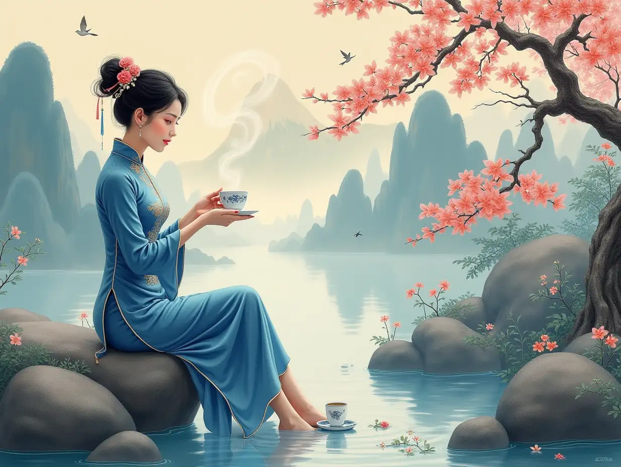 A scene in new Chinese aesthetics, a woman in indigo blue cheongsam holding a porcelain cup of hot coffee sitting on a rock at the West Lake, the steam of the coffee transforming into an ink-painting crane, background is a handscroll mountain-and-water landscape, a folding screen with fine brushwork flowers and birds.