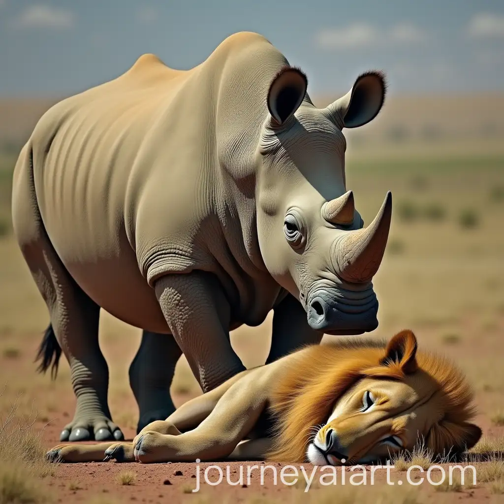 Rhinoceros-Standing-Over-Sleeping-Lion-in-a-Serengeti-Landscape