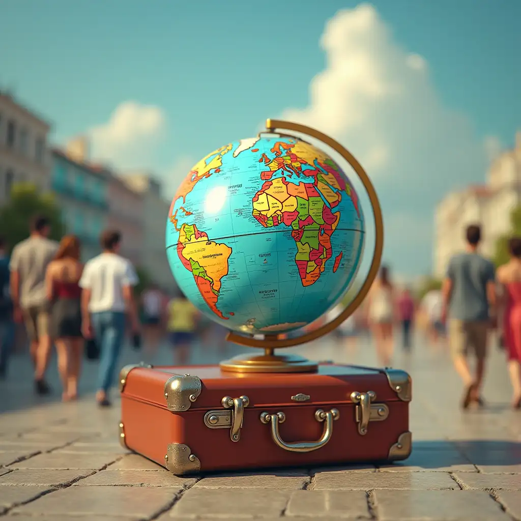 Tourists-Exploring-the-World-with-Globe-and-Suitcase