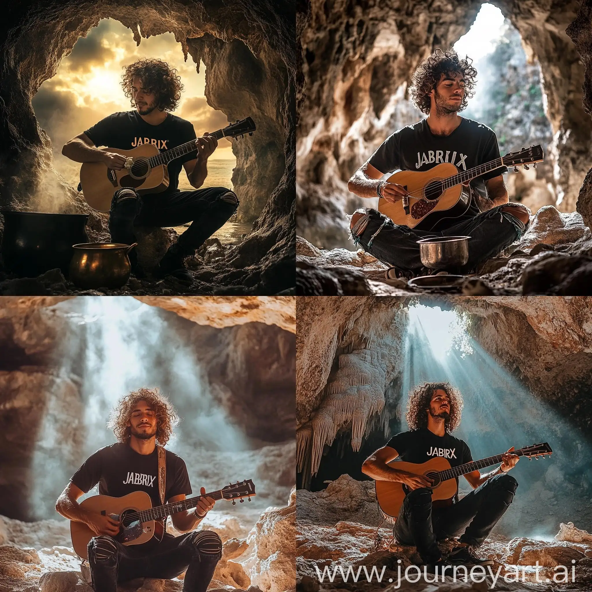 CurlyHaired-Man-Playing-Acoustic-Guitar-in-Cave-Ambiance