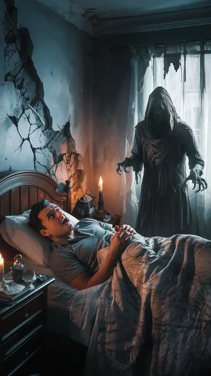 Man Experiences Sleep Paralysis in a Dark Fantasy Horror Scene