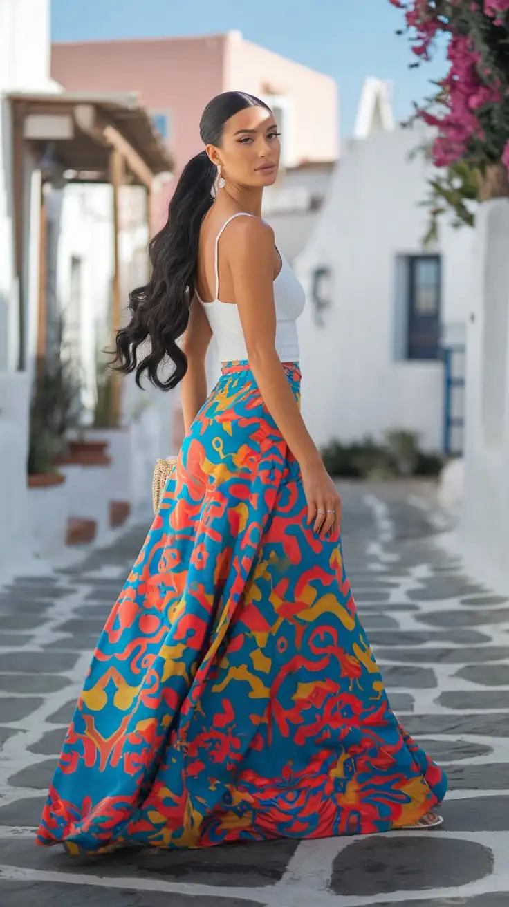 Medium shot, a graceful woman with olive skin and long dark hair styled in loose waves, wearing a vibrant printed maxi skirt and a simple white tank top, walking through a cobblestone street in Ibiza town, whitewashed buildings in the background, bright sunlight, elegant and confident pose, carrying a small woven handbag, fashion street style, vibrant colors and patterns.