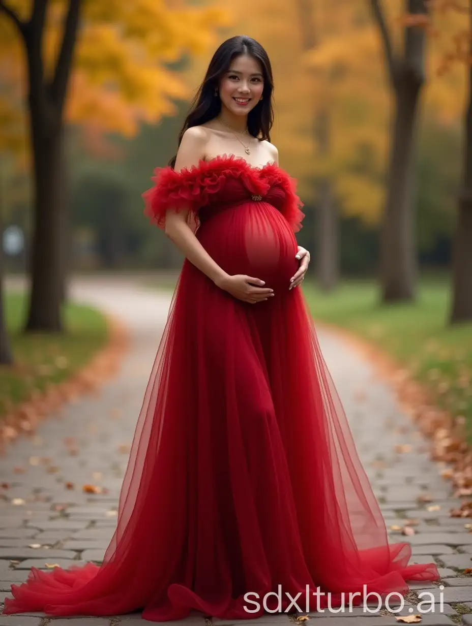 Pregnant-Woman-in-Crimson-Tulle-Gown-on-Autumn-Park-Path