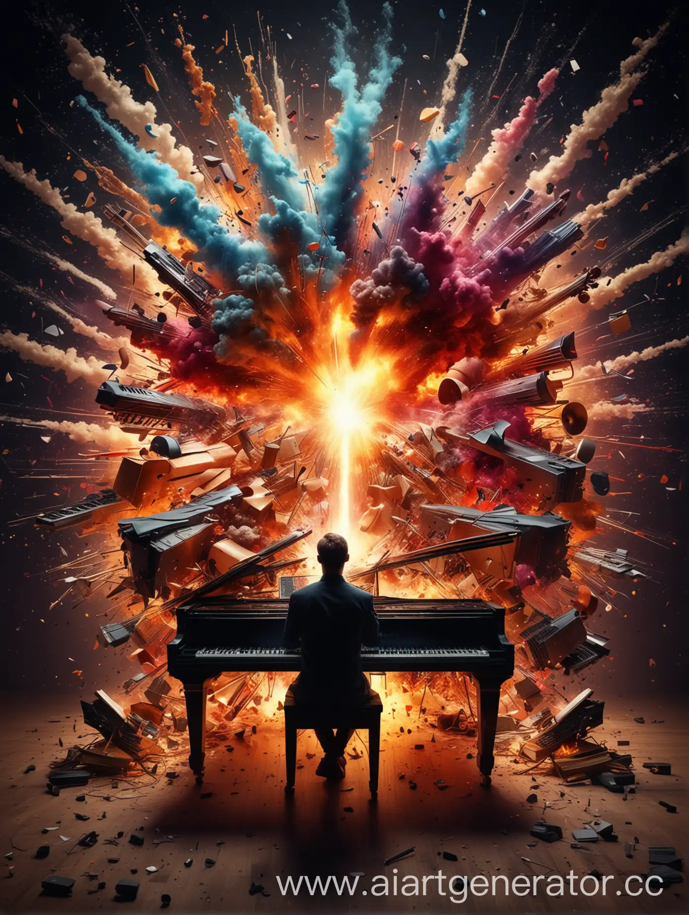 Pianist-Surrounded-by-Explosion-of-Classical-and-Electronic-Music-Instruments