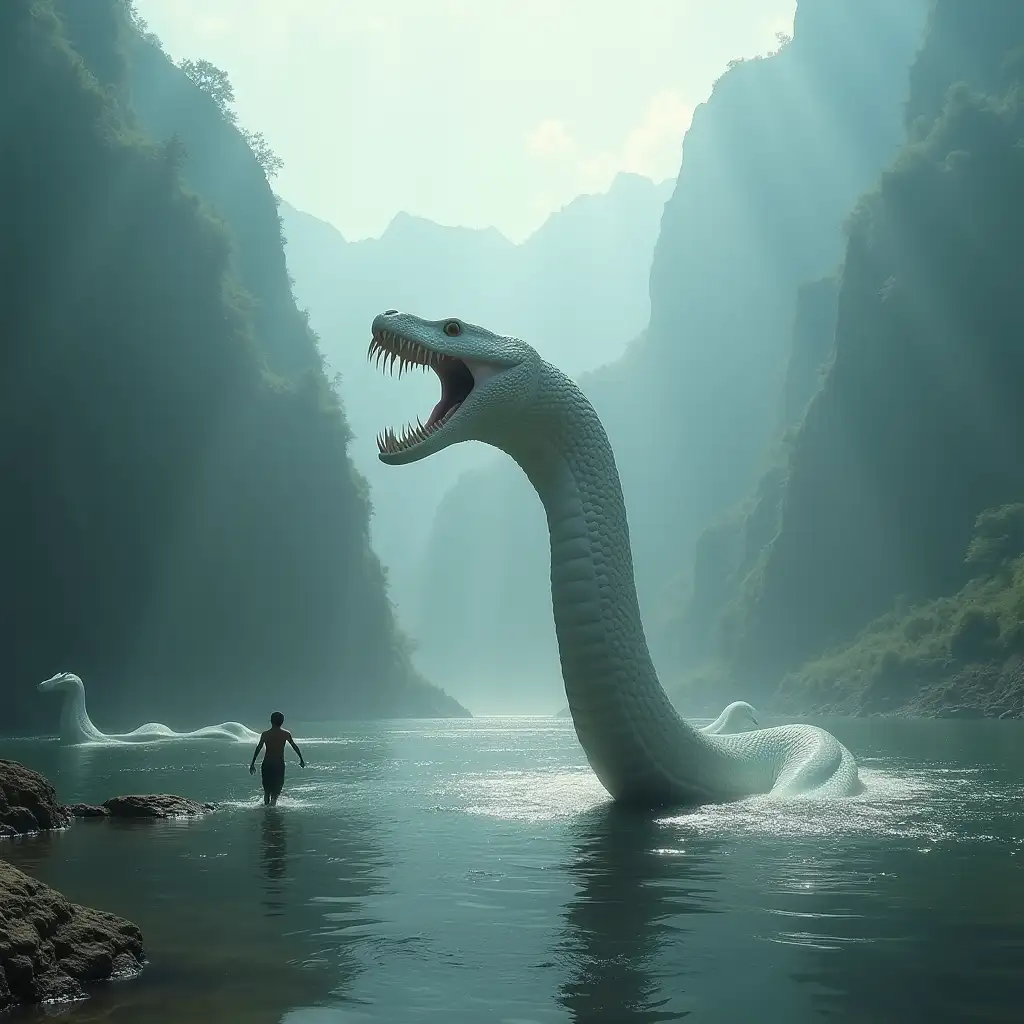 In the mysterious Dongting Lake between valleys, a massive white python with dragon-like scales swims powerfully, its mouth wide open as it stares at a tiny human. The sunlight creates sharp contrasts between light and shadow, enhancing the pursuit's tension. Complex details, strong atmosphere, cinematic composition, surrealist style, high contrast, dreamlike energy, and apocalyptic undertones.