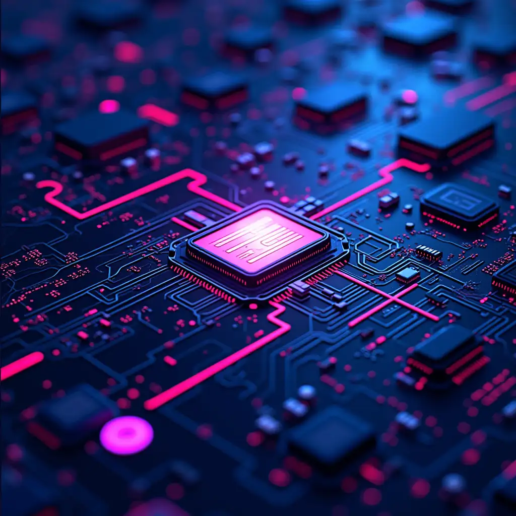 Draw a futuristic, neon-lit close-up of a computer circuit board with glitch-art effects, such as distorted pixels, binary code, or fractured light. Color Palette: Neon blues, pinks, and purples to evoke a sense of futuristic technology and digital chaos. Darker tones, such as blacks, grays, or dark blues, to add depth and contrast. Style and Effects: Glitch-art effects, such as pixel distortion, data corruption, or digital noise, to reinforce the song's themes of digital chaos and sonic experimentation. Bold, geometric shapes or fractured lines to add a sense of dynamic energy and visual tension. Additional Design Elements: A subtle grid or matrix pattern in the background to reinforce the digital theme. A faint, glowing effect around the glitch-art elements to give the image a sense of depth and energy.