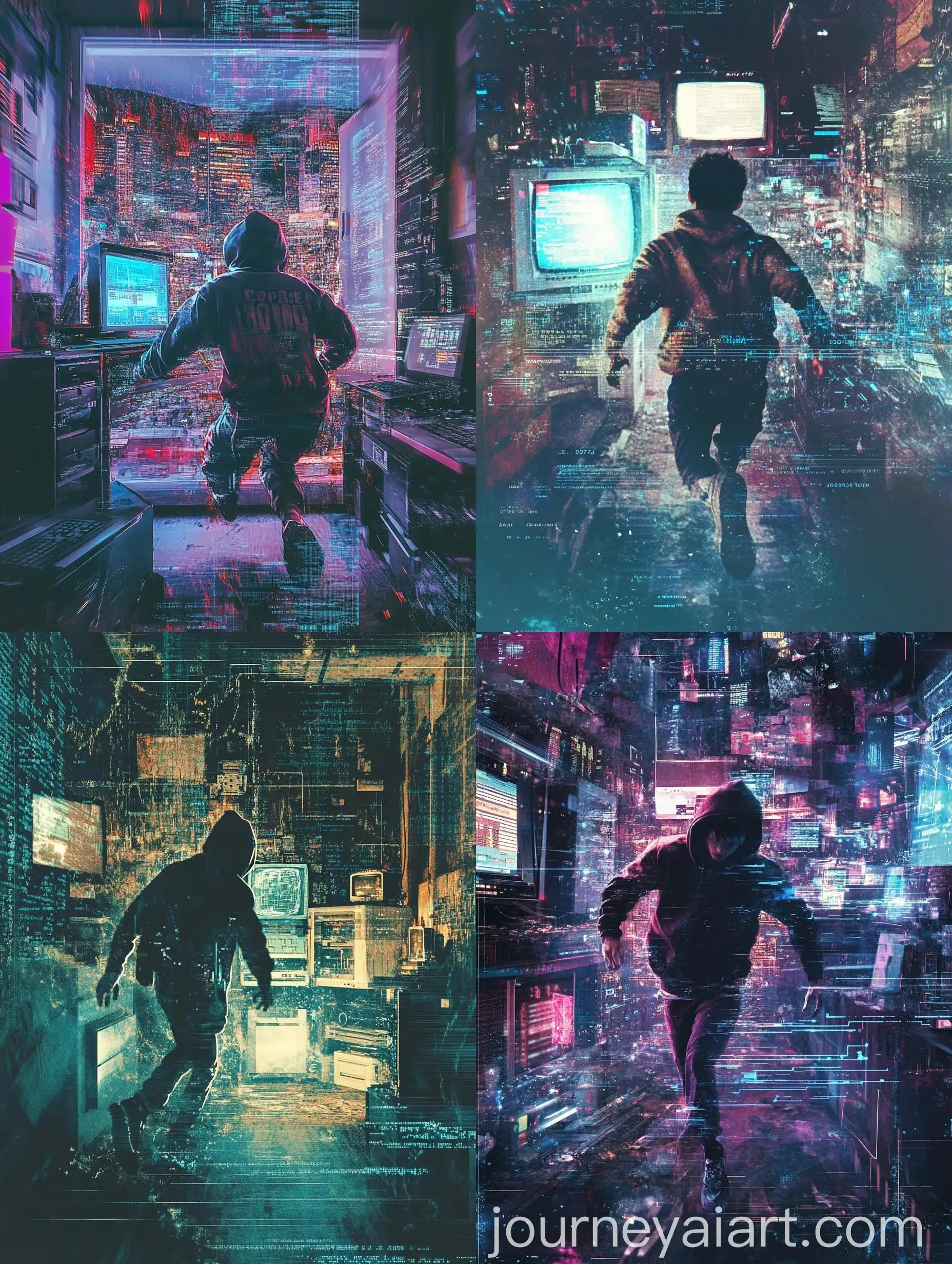 Cyberpunk-Artwork-Tattered-Hoodie-Runner-in-Retro-1980s-Bedroom-and-Digital-Cityscape