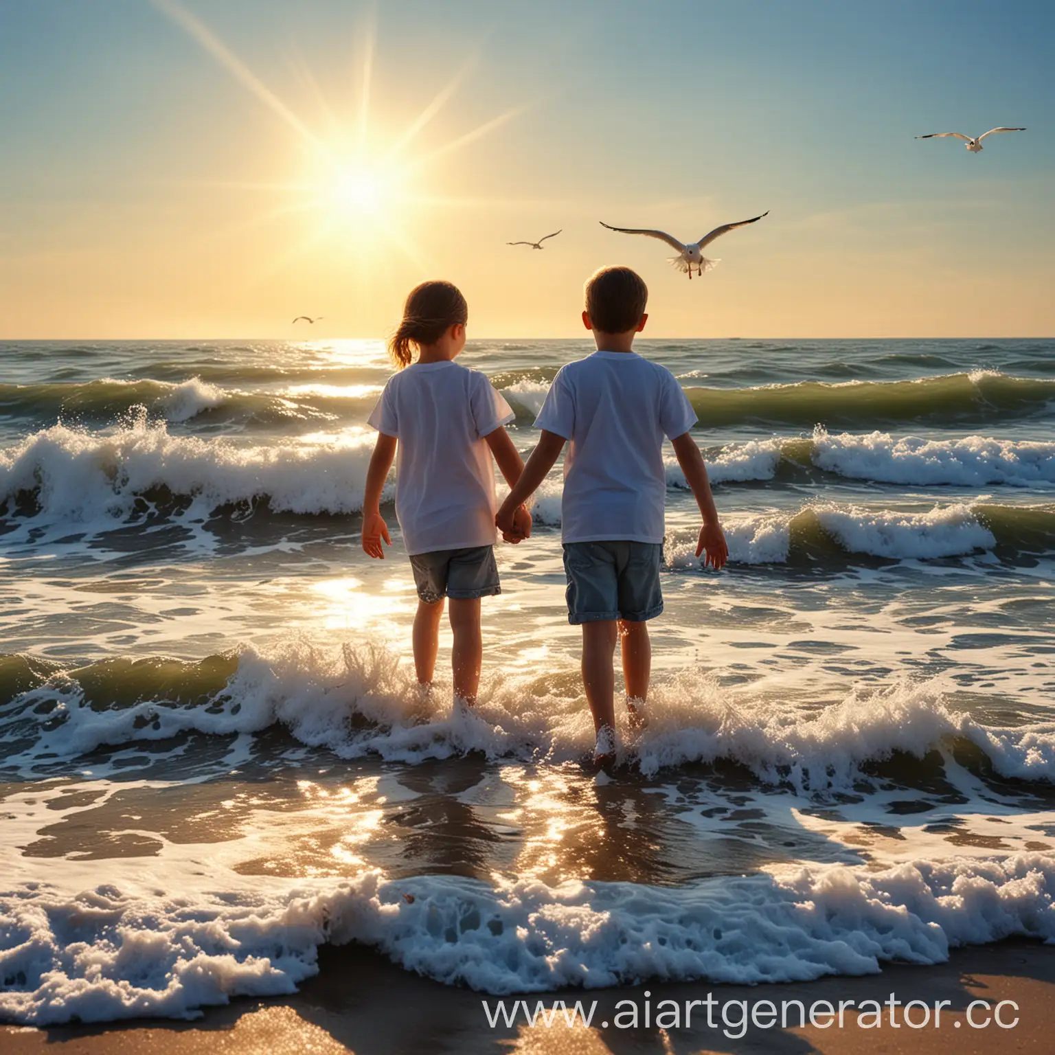 Children-Embracing-on-the-Beach-with-Seagulls-and-Blue-Waves