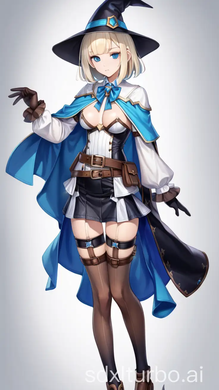 1girl, solo, full body, swept bangs, bob cut, medium hair, platinum blonde hair, aqua eyes, pale skin, witch hat, blue headwear, blue cape, white shirt, long sleeves, corset, leather belt, leather pouch, short skirt, blue skirt, frilled skirt, black pantyhose, brown gloves, knee boots, medium breasts, skinny, slim legs