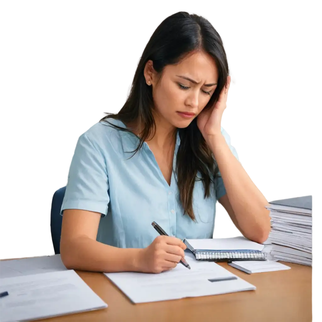 Tired-Teacher-Grading-Exam-Papers-in-Office-PNG-Image-for-Education-and-Work-Themes